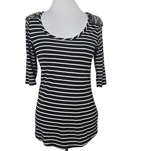 Romeo & Juliet Couture Black White Striped Embellished Shoulder Top Small New